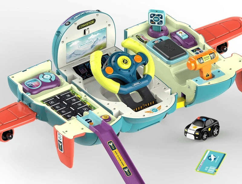 Avion Transformabil Multifunctional, Simulator de Zbor si Condus, Sunete Realiste, 1 Masinuta, Pusculita, Albastru Rosu, 30x29.5x19.5 Cm, + 3 Ani