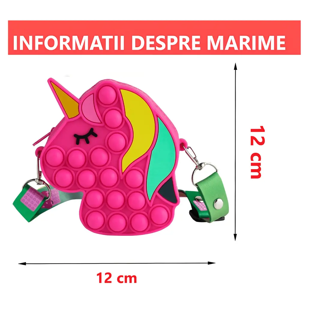 Jucarie Interactiva Antistres Tip Gentuta de Umar Pop IT NOW din Silicon, Cu Fermoar si Curea, Model Unicorn, 12X12X4 cm, Fuchsia, + 3 Ani