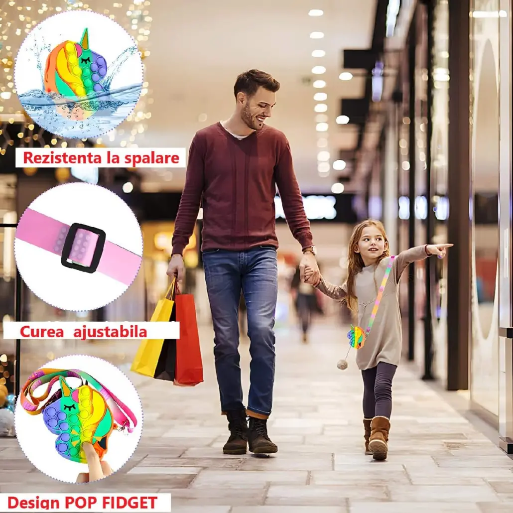 Jucarie Interactiva Antistres Tip Gentuta de Umar Pop IT NOW din Silicon, Cu Fermoar si Curea, Model Unicorn, 12X12X4 cm, Multicolor, + 3 Ani