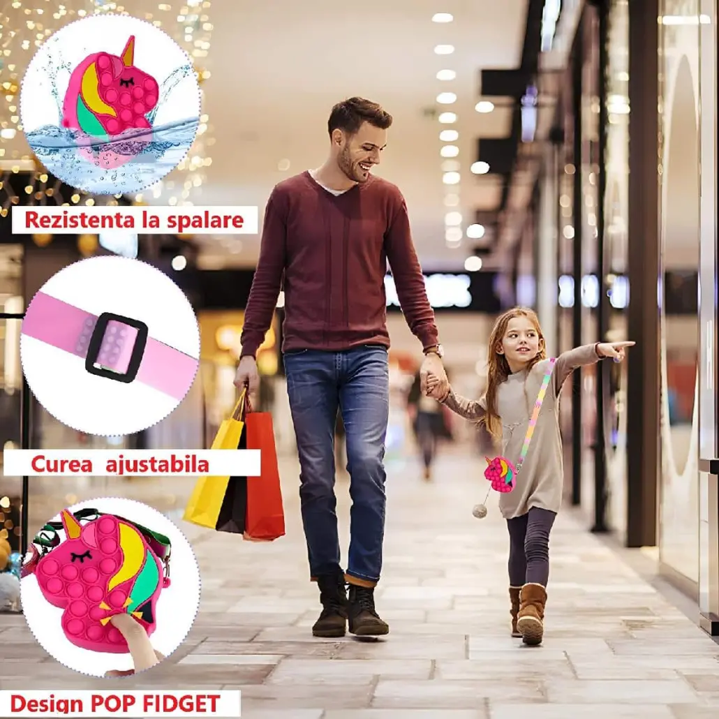 Jucarie Interactiva Antistres Tip Gentuta de Umar Pop IT NOW din Silicon, Cu Fermoar si Curea, Model Unicorn, 12X12X4 cm, Fuchsia, + 3 Ani