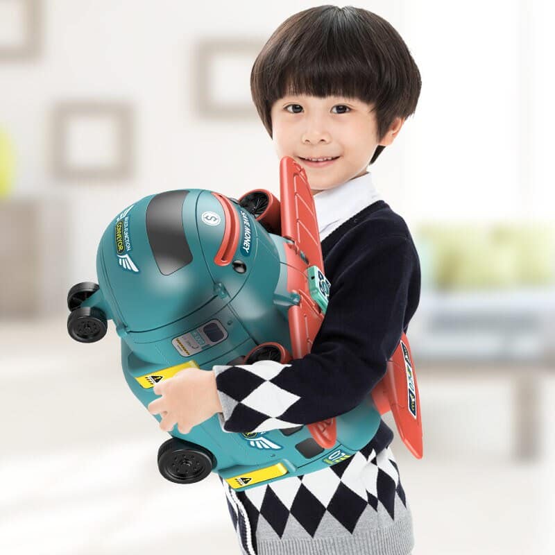 Avion Transformabil Multifunctional, Simulator de Zbor si Condus, Sunete Realiste, 1 Masinuta, Pusculita, Albastru Rosu, 30x29.5x19.5 Cm, + 3 Ani