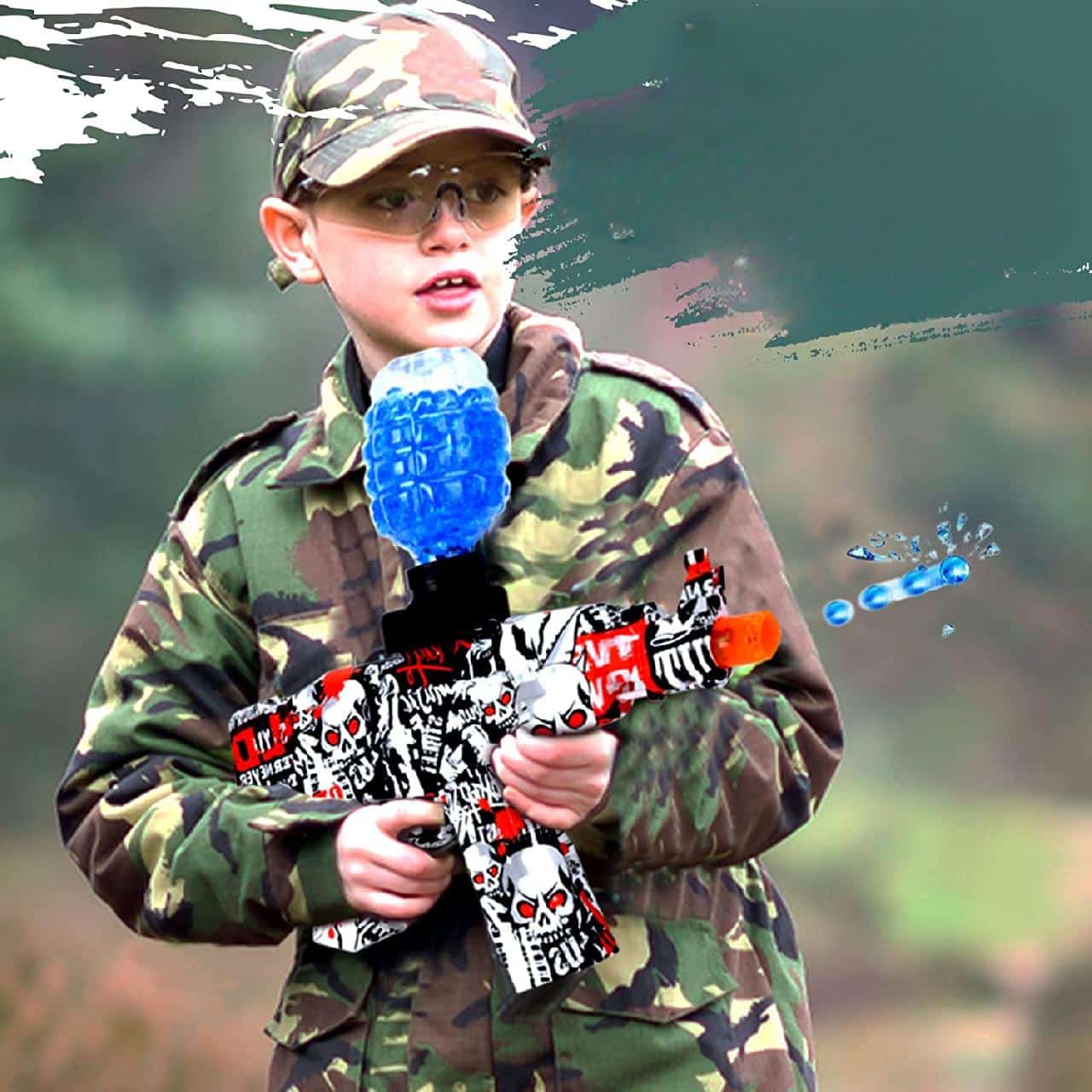 Pușcă Automată de Jucărie, 5000 Bile din Gel 7–8 mm, AK47, Ochelari de Protecție, Acumulator cu Încărcare USB, 31x7x28 cm, Alb Roșu Negru, 14+ ani