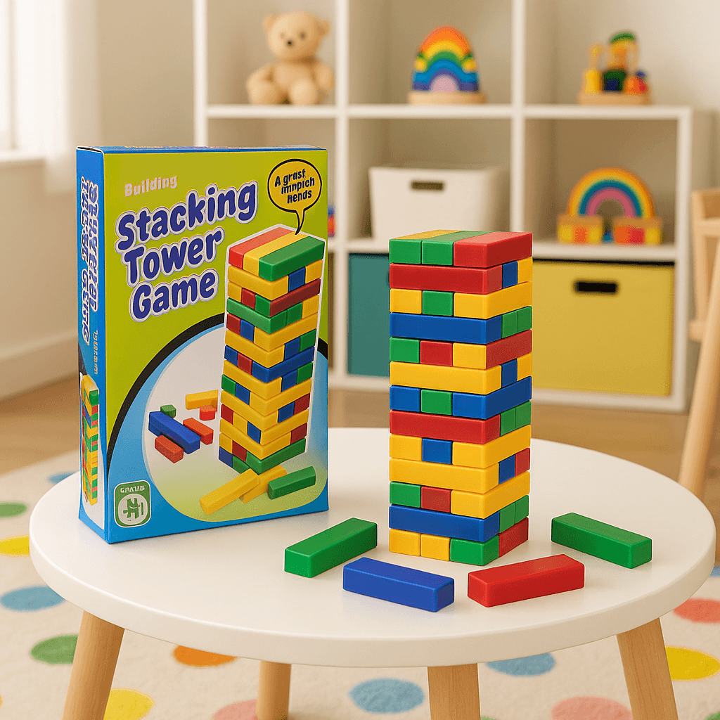 Joc Jenga Multicolor cu 45 Piese – Joc de Îndemânare, Răbdare și Coordonare pentru Copii 2+ Ani – Dimensiuni 4.9x4.9x12.5 cm