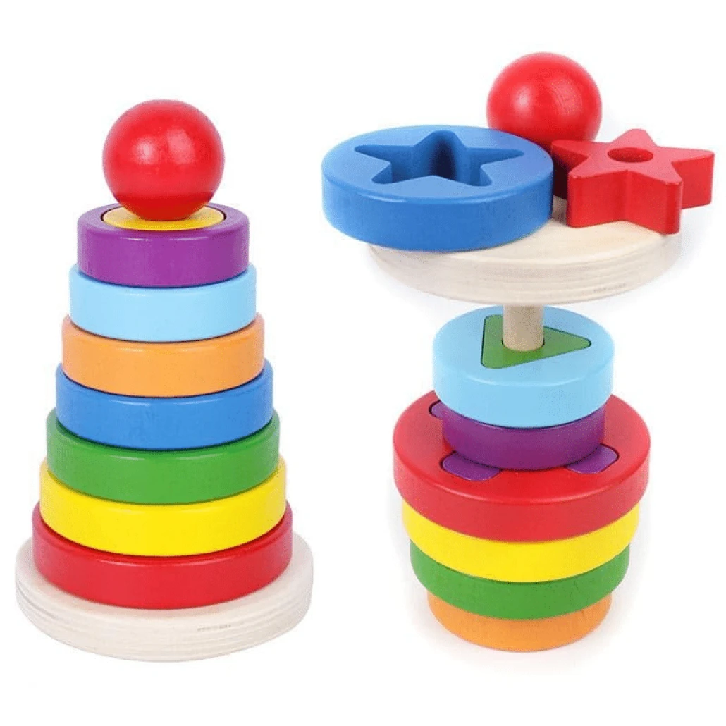 Jucarie din Lemn Educativa de Stivuire cu Forme Geometrice, Turn Montessori, + 3 Ani, 15.5x9 cm