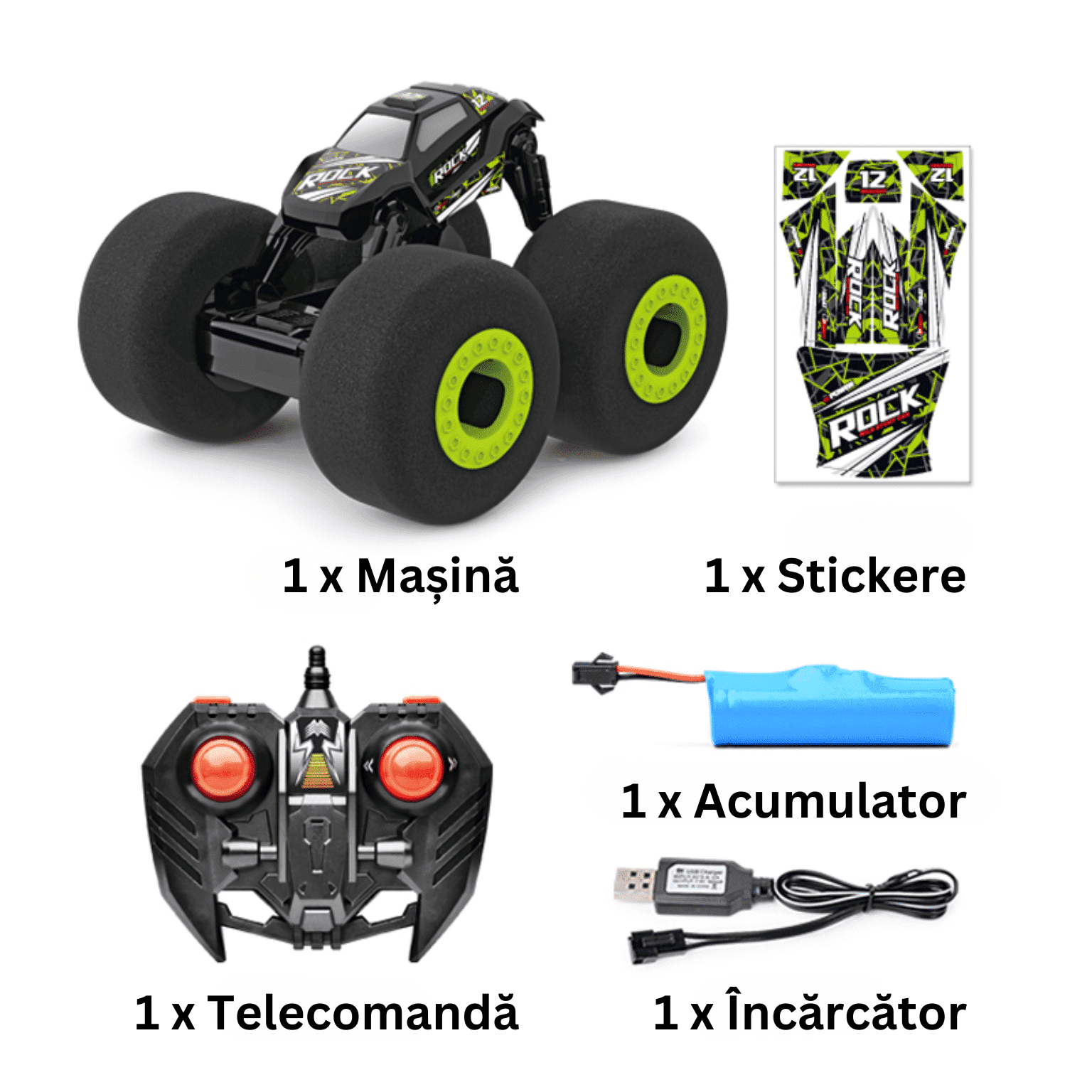 Masinuta Off Road cu Telecomanda, Roti Antisoc din Burete Dens, Scara 1:16, RC 2.4 GHZ, Acumulator cu Incarcator USB, 23x22x18 cm, Negru Verde, + 6 Ani