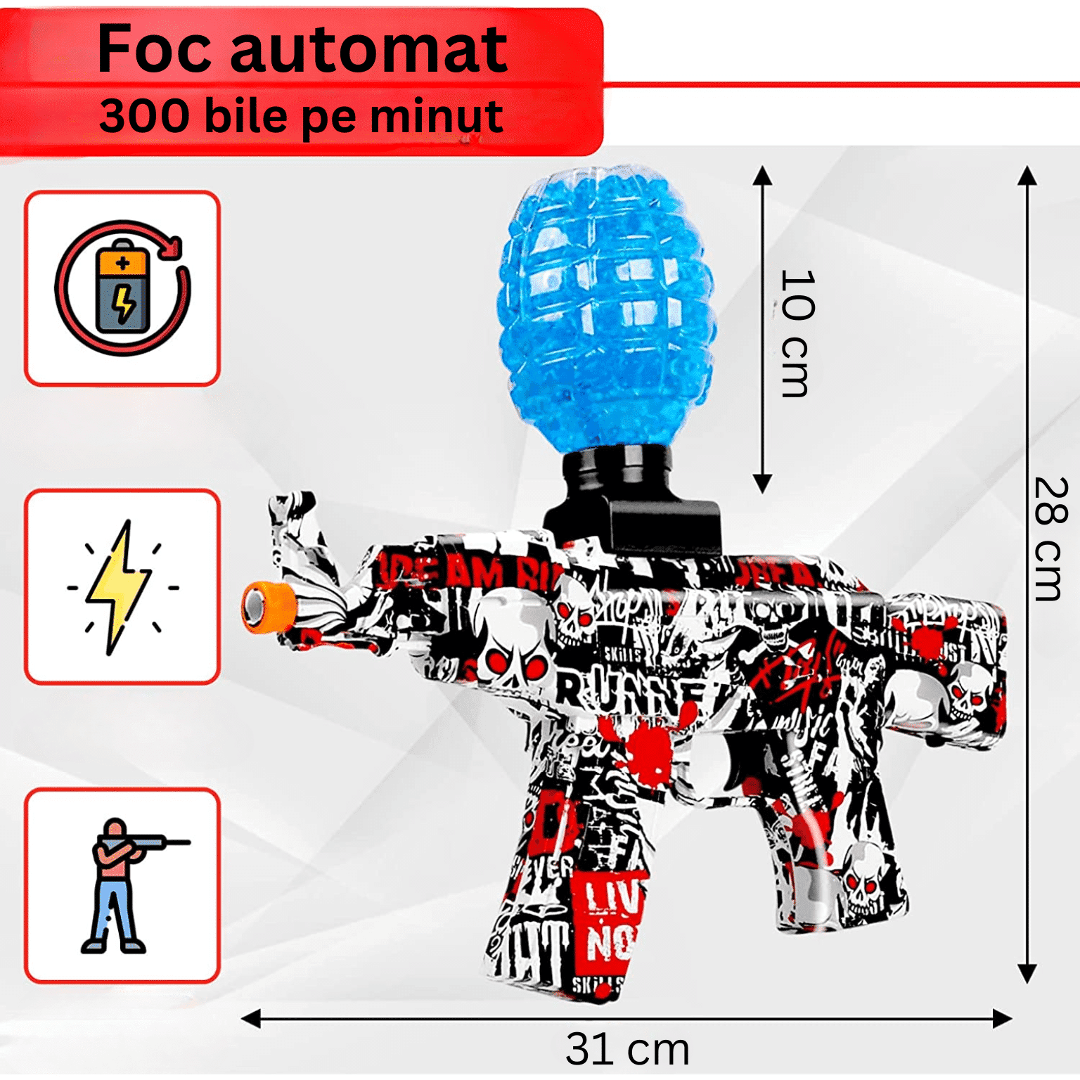 Pușcă Automată de Jucărie, 5000 Bile din Gel 7–8 mm, AK47, Ochelari de Protecție, Acumulator cu Încărcare USB, 31x7x28 cm, Alb Roșu Negru, 14+ ani