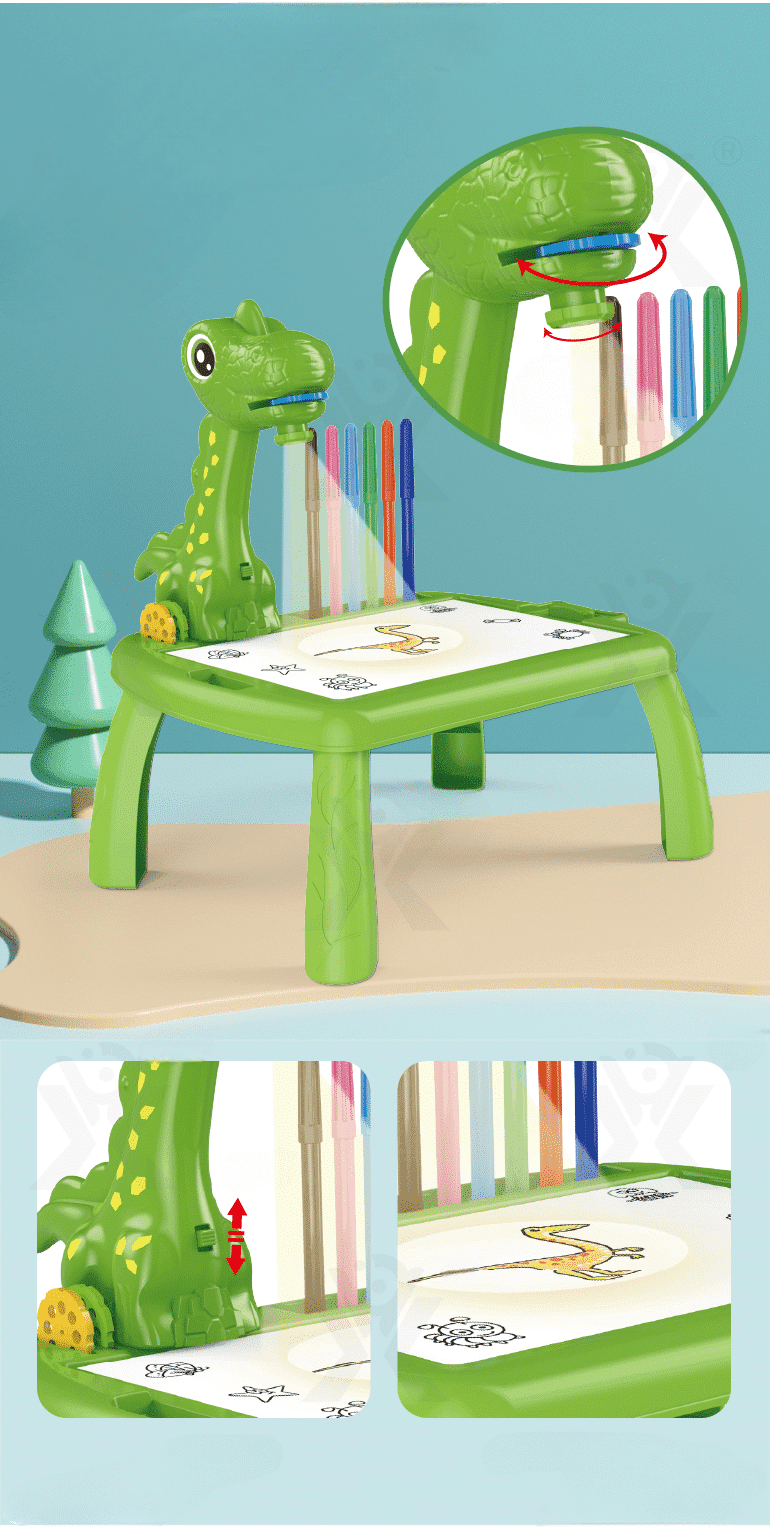 Set Masuta pentru Desen cu Proiector Holografic si Accesorii, 3 Discuri cu 24 Modele, Dinozaur, 12 Carioci, Verde, 32x29.5x23 Cm, + 3 Ani