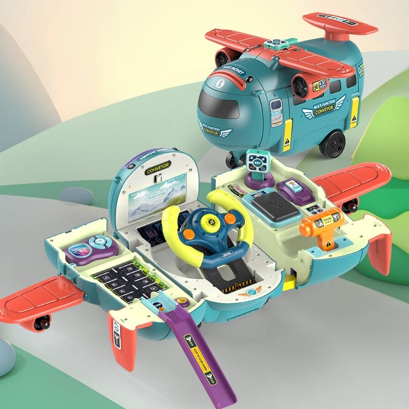 Avion Transformabil Multifunctional, Simulator de Zbor si Condus, Sunete Realiste, 1 Masinuta, Pusculita, Albastru Rosu, 30x29.5x19.5 Cm, + 3 Ani