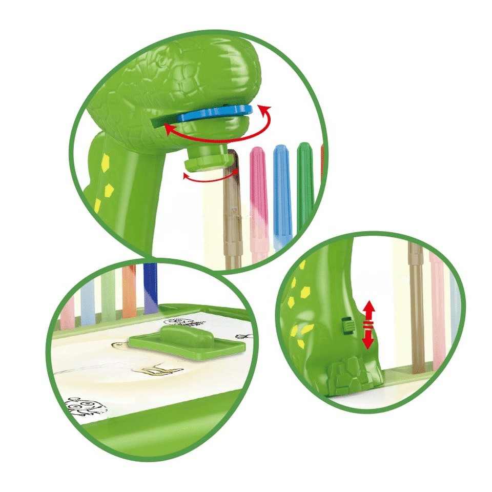 Set Masuta pentru Desen cu Proiector Holografic si Accesorii, 3 Discuri cu 24 Modele, Dinozaur, 12 Carioci, Verde, 32x29.5x23 Cm, + 3 Ani