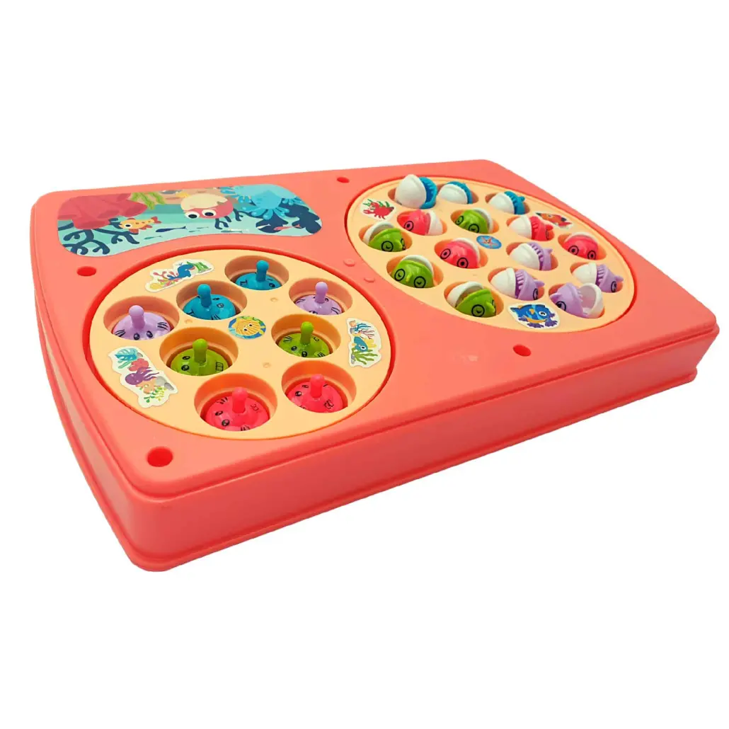 Set Interactiv 2 in 1, Joc Pescuit cu 15 Pestisori si 2 Undite, Joc Whack A Mole cu 8 Cartite si 2 Ciocanele, Cadru Rotativ, Sunete, 28x18x4 Cm, Roz, + 3 Ani