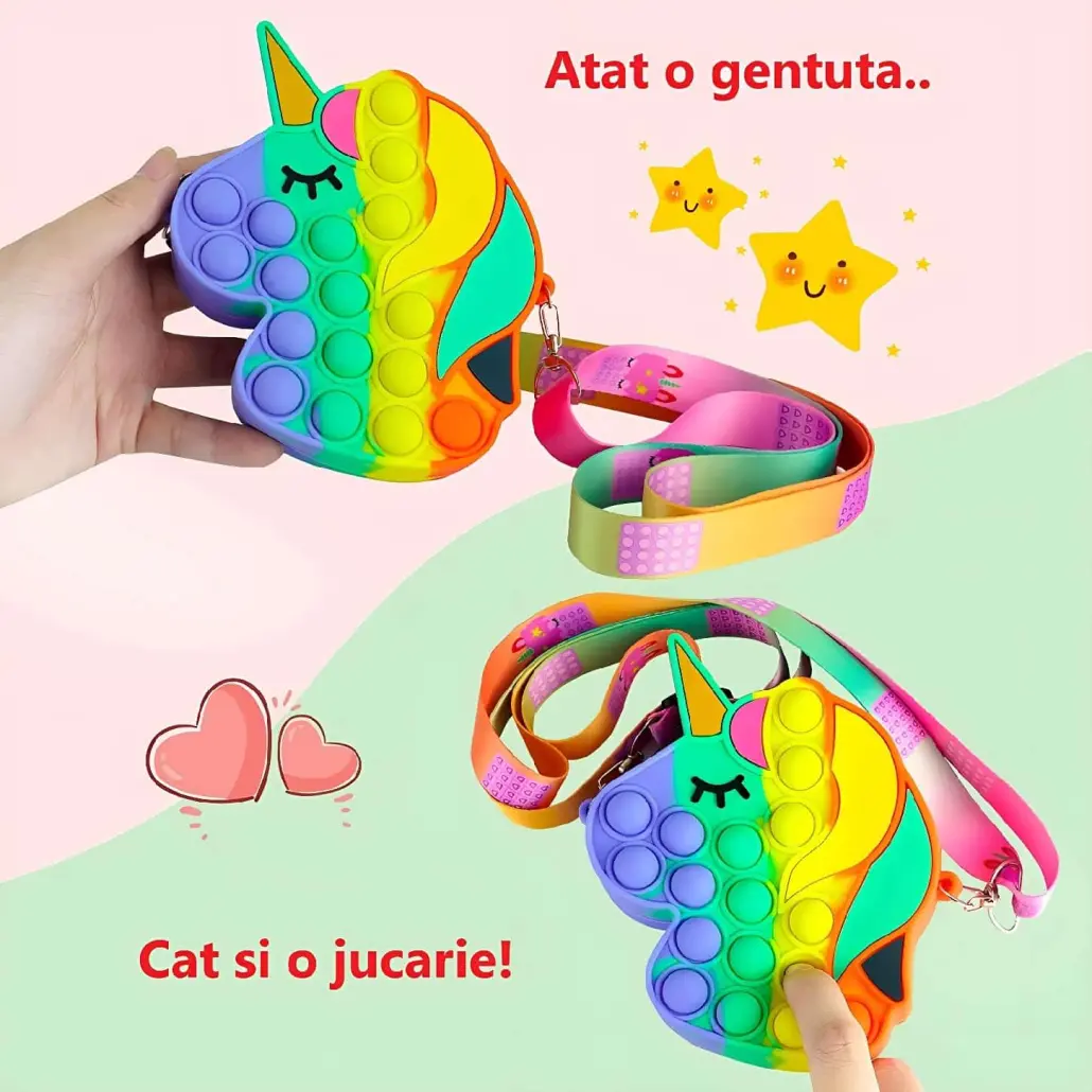 Jucarie Interactiva Antistres Tip Gentuta de Umar Pop IT NOW din Silicon, Cu Fermoar si Curea, Model Unicorn, 12X12X4 cm, Multicolor, + 3 Ani