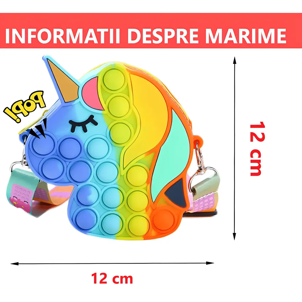Jucarie Interactiva Antistres Tip Gentuta de Umar Pop IT NOW din Silicon, Cu Fermoar si Curea, Model Unicorn, 12X12X4 cm, Multicolor, + 3 Ani