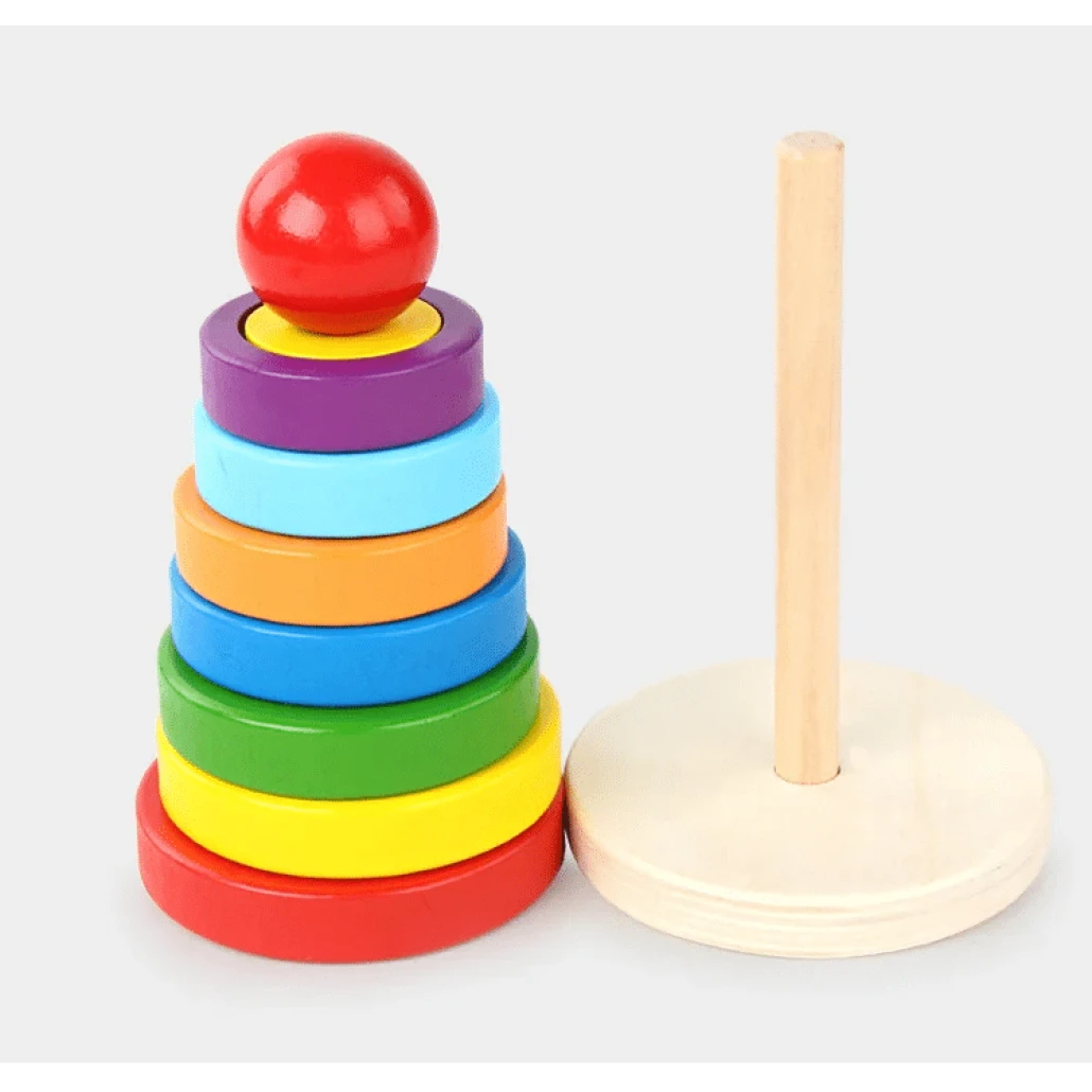 Jucarie din Lemn Educativa de Stivuire cu Forme Geometrice, Turn Montessori, + 3 Ani, 15.5x9 cm