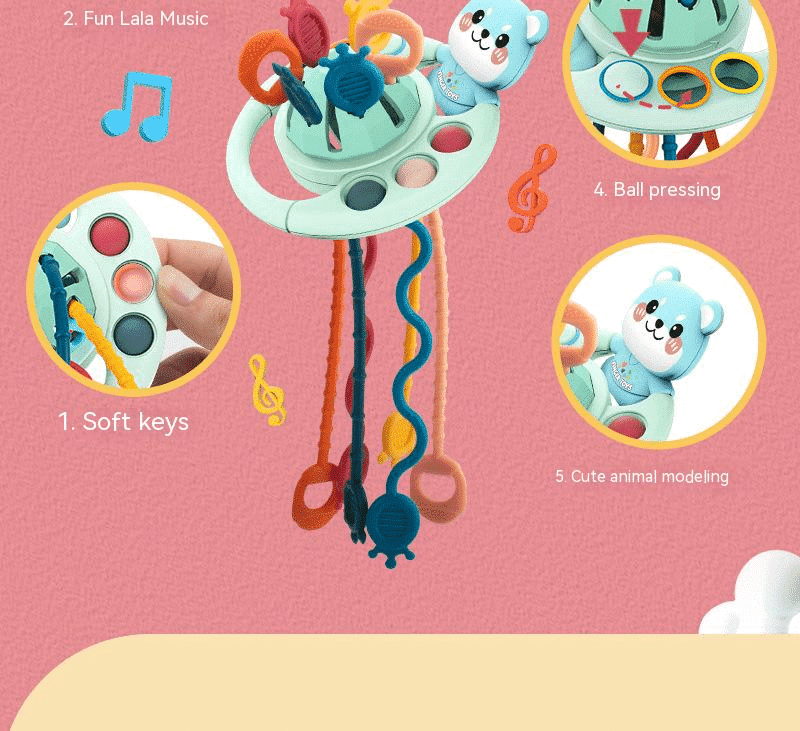 Jucarie Dentitie Senzoriala Bebelusi, Ursulet Albastru, Zornaitoare, Silicon Alimentar cu Striatii, Sunete, Pop It, 27x13.5 Cm, + 0 Luni