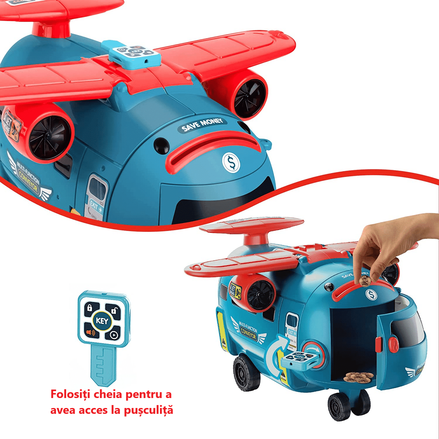 Avion Transformabil Multifunctional, Simulator de Zbor si Condus, Sunete Realiste, 1 Masinuta, Pusculita, Albastru Rosu, 30x29.5x19.5 Cm, + 3 Ani