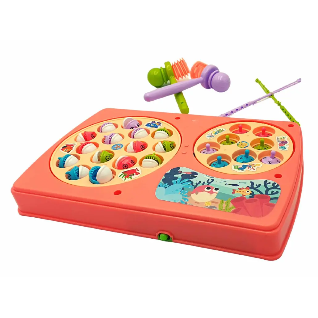 Set Interactiv 2 in 1, Joc Pescuit cu 15 Pestisori si 2 Undite, Joc Whack A Mole cu 8 Cartite si 2 Ciocanele, Cadru Rotativ, Sunete, 28x18x4 Cm, Roz, + 3 Ani