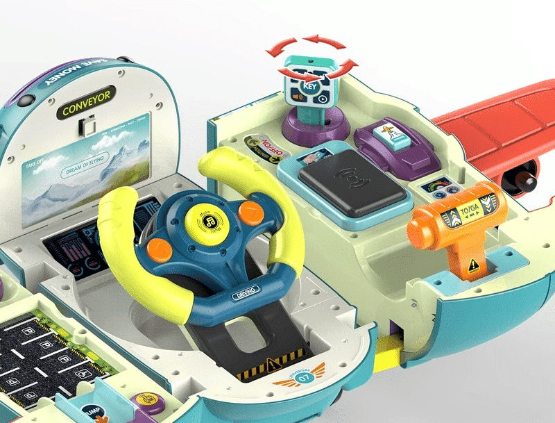 Avion Transformabil Multifunctional, Simulator de Zbor si Condus, Sunete Realiste, 1 Masinuta, Pusculita, Albastru Rosu, 30x29.5x19.5 Cm, + 3 Ani