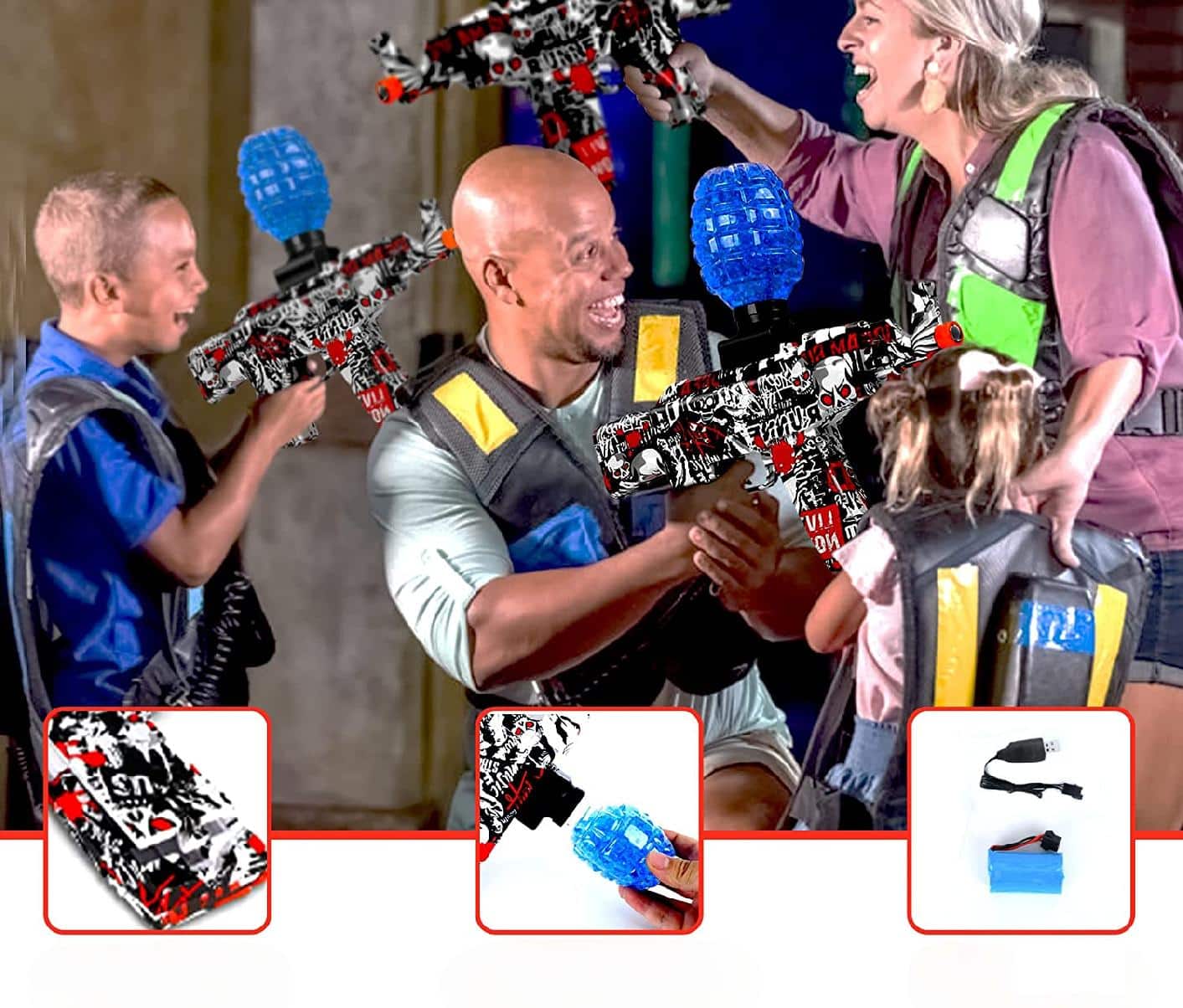 Pușcă Automată de Jucărie, 5000 Bile din Gel 7–8 mm, AK47, Ochelari de Protecție, Acumulator cu Încărcare USB, 31x7x28 cm, Alb Roșu Negru, 14+ ani