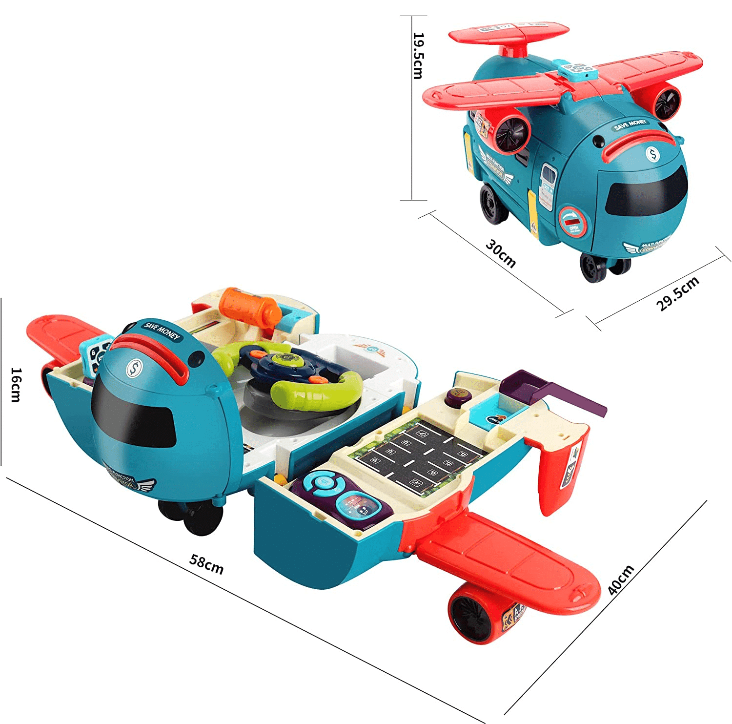 Avion Transformabil Multifunctional, Simulator de Zbor si Condus, Sunete Realiste, 1 Masinuta, Pusculita, Albastru Rosu, 30x29.5x19.5 Cm, + 3 Ani