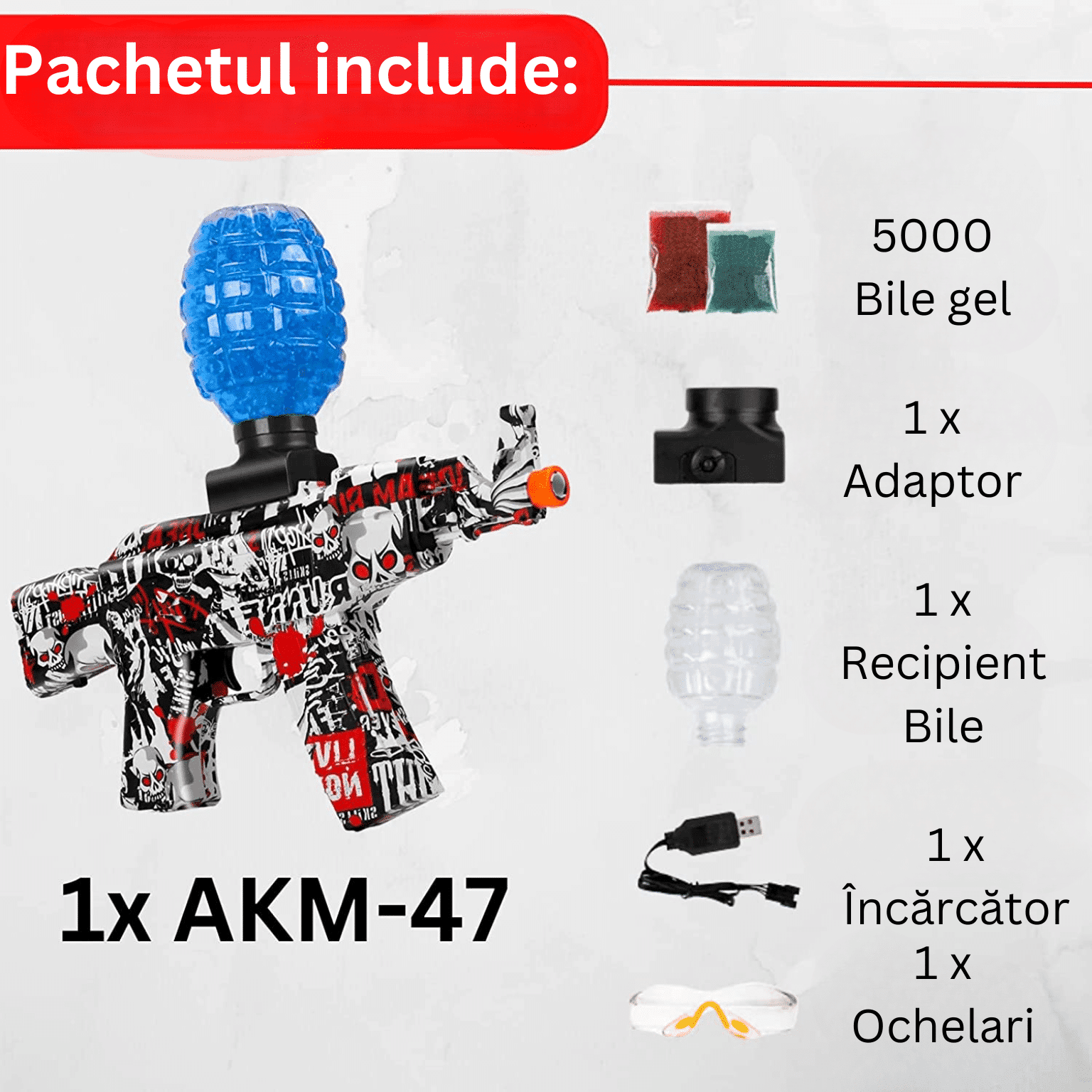 Pușcă Automată de Jucărie, 5000 Bile din Gel 7–8 mm, AK47, Ochelari de Protecție, Acumulator cu Încărcare USB, 31x7x28 cm, Alb Roșu Negru, 14+ ani