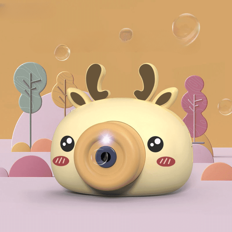 Jucarie Interactiva de Facut Baloane de Sapun, Aparat Foto cu Lumini si Sunete, Ren, Crem, 13x12x7.2 cm, + 3 Ani