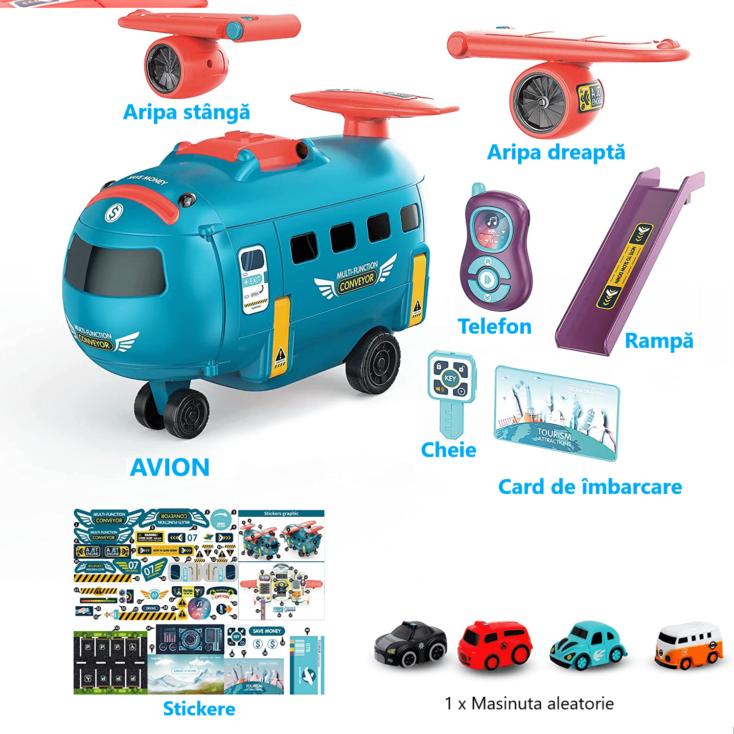 Avion Transformabil Multifunctional, Simulator de Zbor si Condus, Sunete Realiste, 1 Masinuta, Pusculita, Albastru Rosu, 30x29.5x19.5 Cm, + 3 Ani