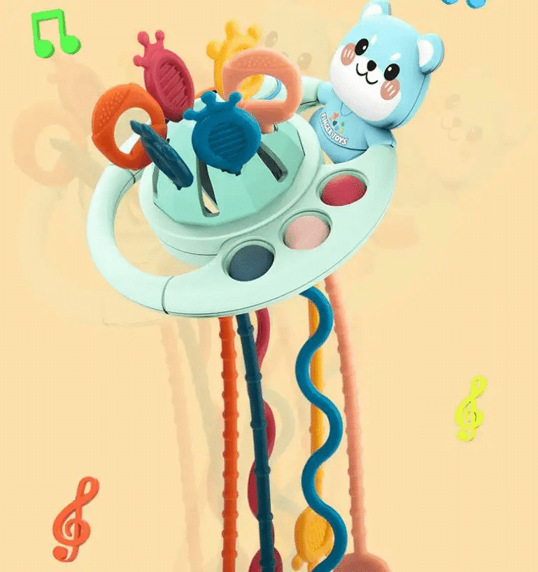 Jucarie Dentitie Senzoriala Bebelusi, Ursulet Albastru, Zornaitoare, Silicon Alimentar cu Striatii, Sunete, Pop It, 27x13.5 Cm, + 0 Luni