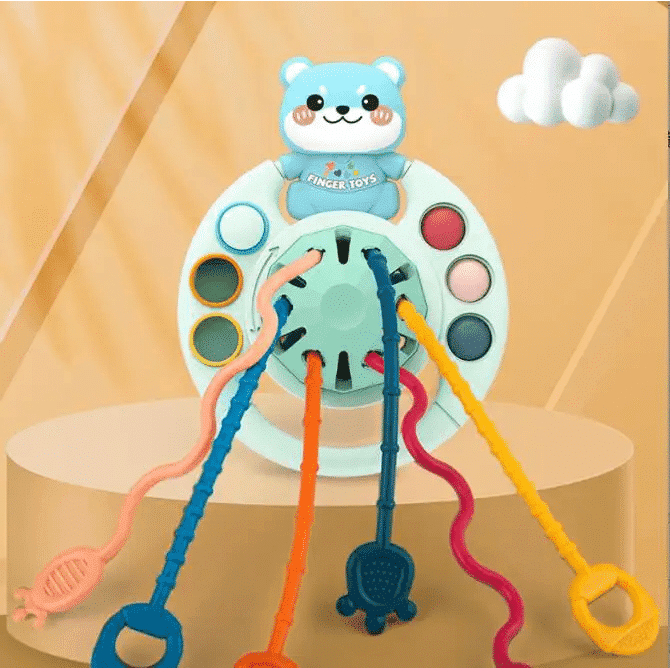 Jucarie Dentitie Senzoriala Bebelusi, Ursulet Albastru, Zornaitoare, Silicon Alimentar cu Striatii, Sunete, Pop It, 27x13.5 Cm, + 0 Luni