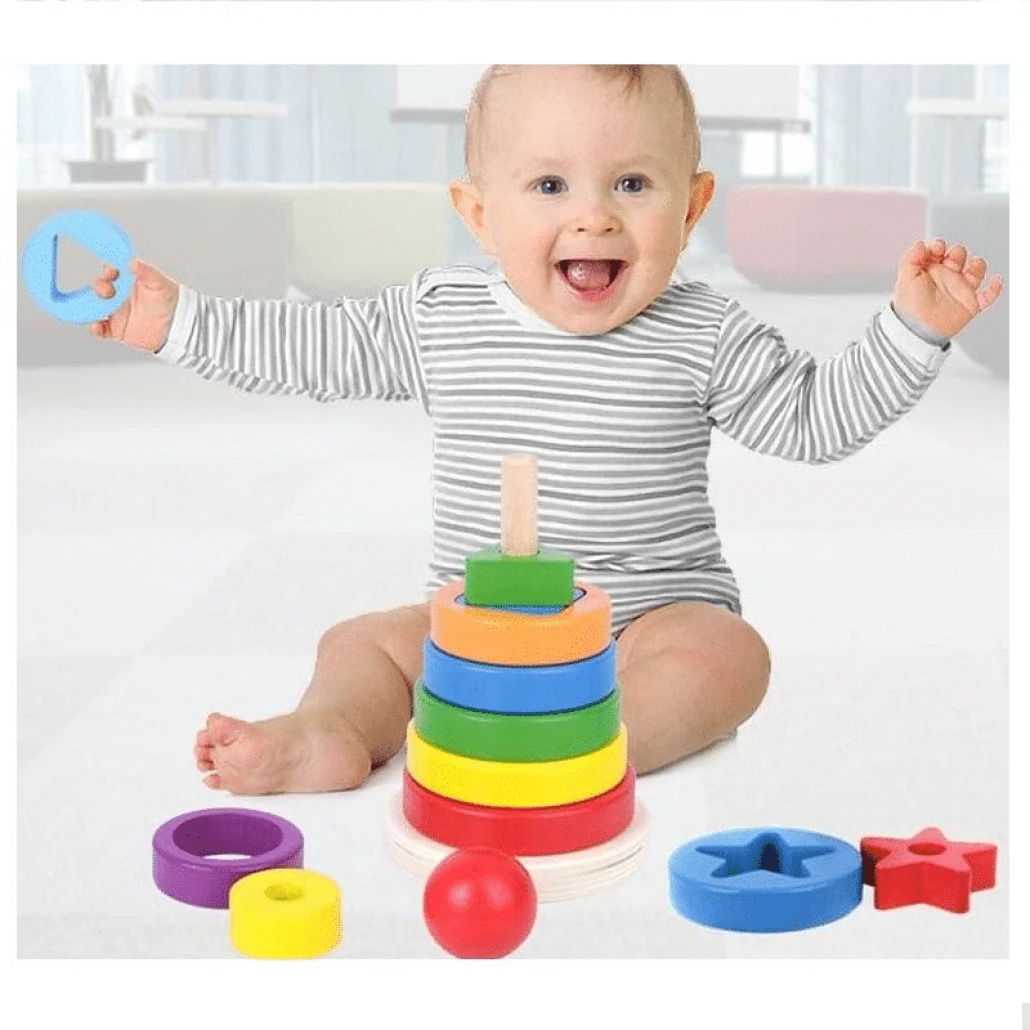 Jucarie din Lemn Educativa de Stivuire cu Forme Geometrice, Turn Montessori, + 3 Ani, 15.5x9 cm