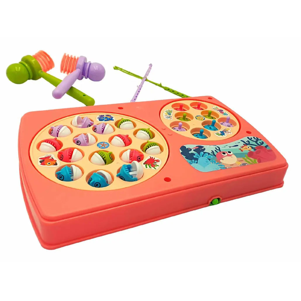 Set Interactiv 2 in 1, Joc Pescuit cu 15 Pestisori si 2 Undite, Joc Whack A Mole cu 8 Cartite si 2 Ciocanele, Cadru Rotativ, Sunete, 28x18x4 Cm, Roz, + 3 Ani