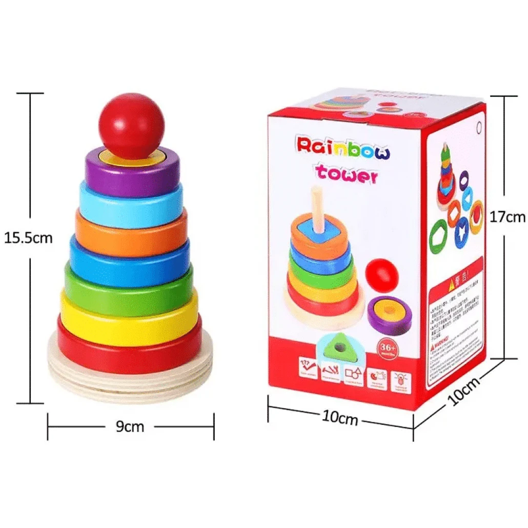 Jucarie din Lemn Educativa de Stivuire cu Forme Geometrice, Turn Montessori, + 3 Ani, 15.5x9 cm