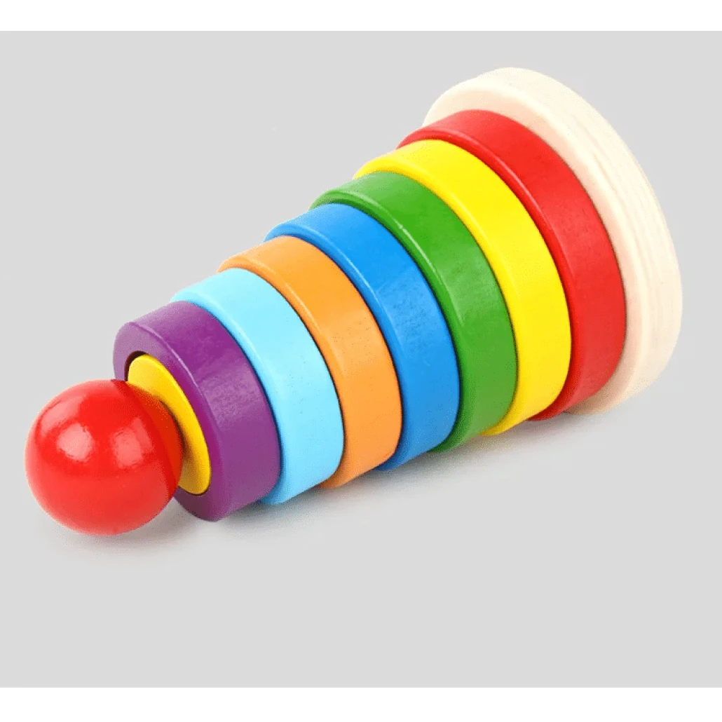 Jucarie din Lemn Educativa de Stivuire cu Forme Geometrice, Turn Montessori, + 3 Ani, 15.5x9 cm