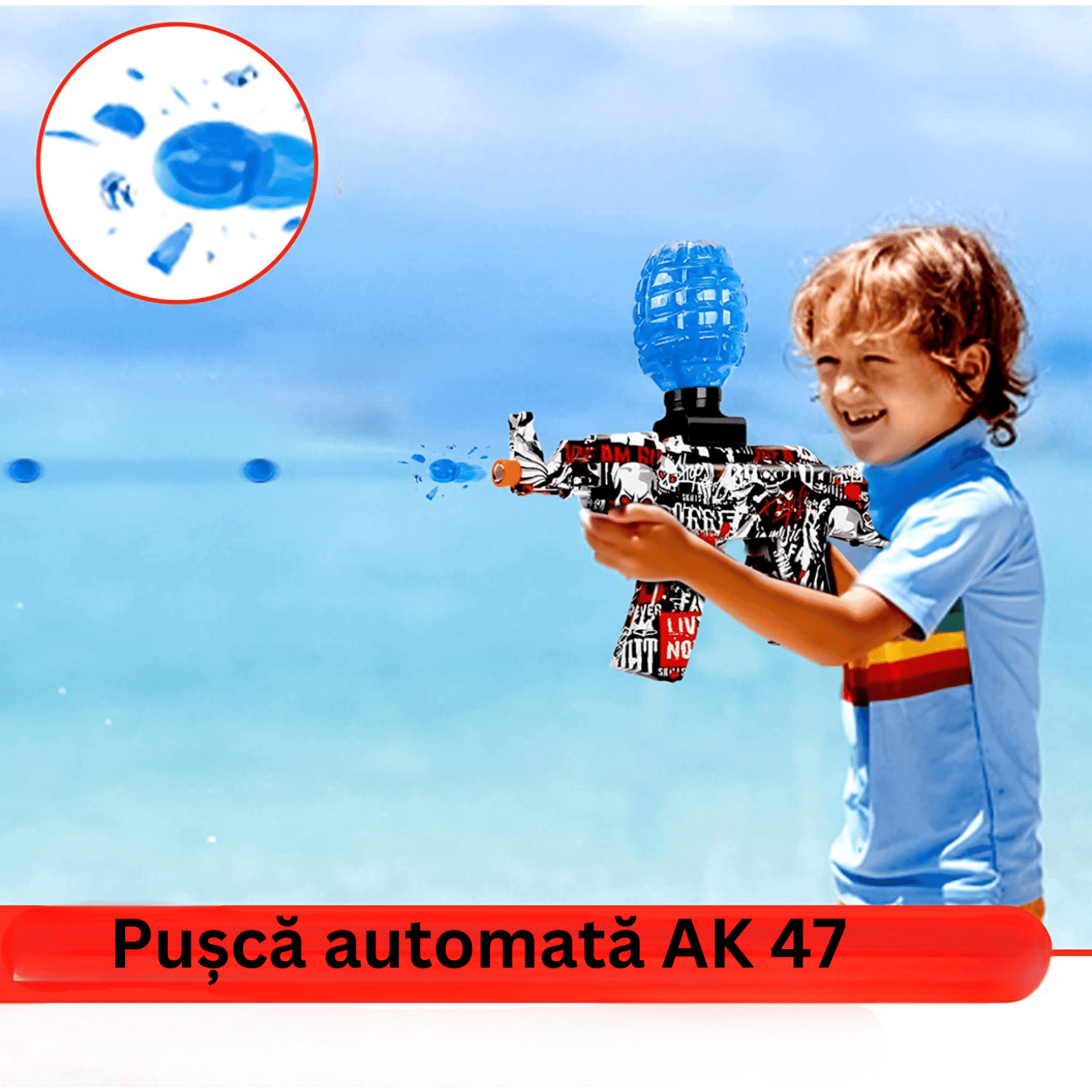 Pușcă Automată de Jucărie, 5000 Bile din Gel 7–8 mm, AK47, Ochelari de Protecție, Acumulator cu Încărcare USB, 31x7x28 cm, Alb Roșu Negru, 14+ ani