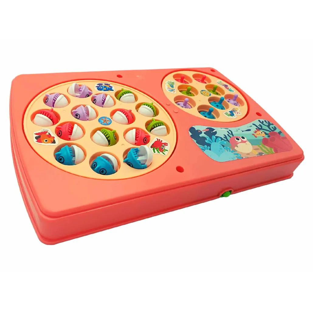 Set Interactiv 2 in 1, Joc Pescuit cu 15 Pestisori si 2 Undite, Joc Whack A Mole cu 8 Cartite si 2 Ciocanele, Cadru Rotativ, Sunete, 28x18x4 Cm, Roz, + 3 Ani