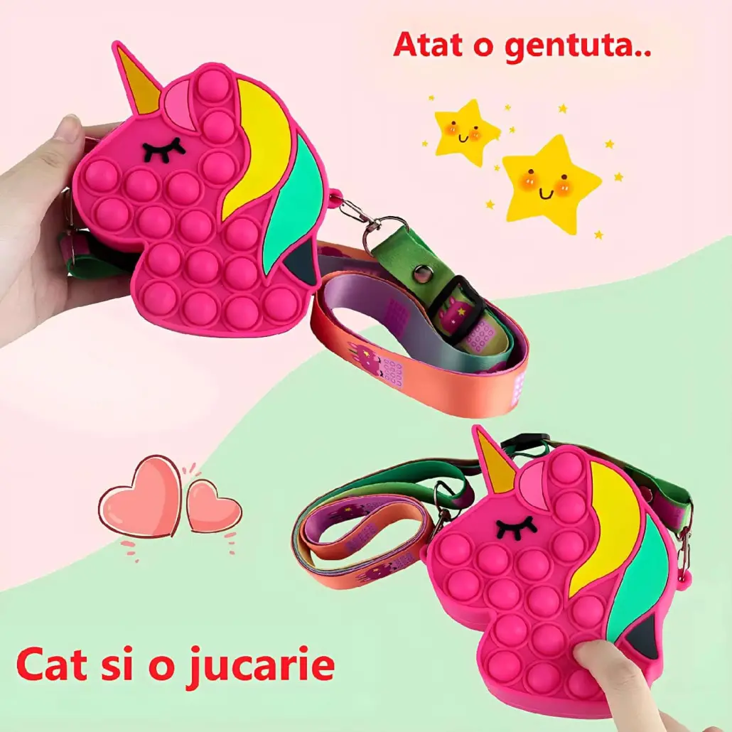 Jucarie Interactiva Antistres Tip Gentuta de Umar Pop IT NOW din Silicon, Cu Fermoar si Curea, Model Unicorn, 12X12X4 cm, Fuchsia, + 3 Ani