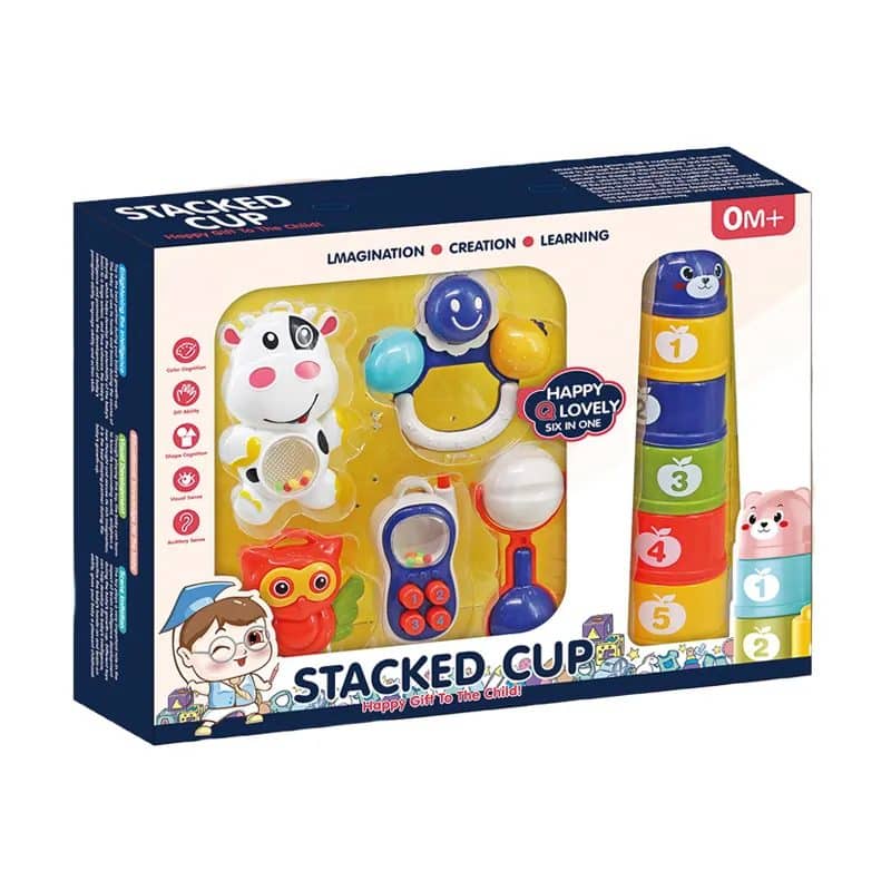 Set Interactiv Bebelusi 11 Piese, Turnulet de Sortare si Stivuire, Jucarii Zornaitoare si Dentitie, Cutie Cadou, + 0 Luni