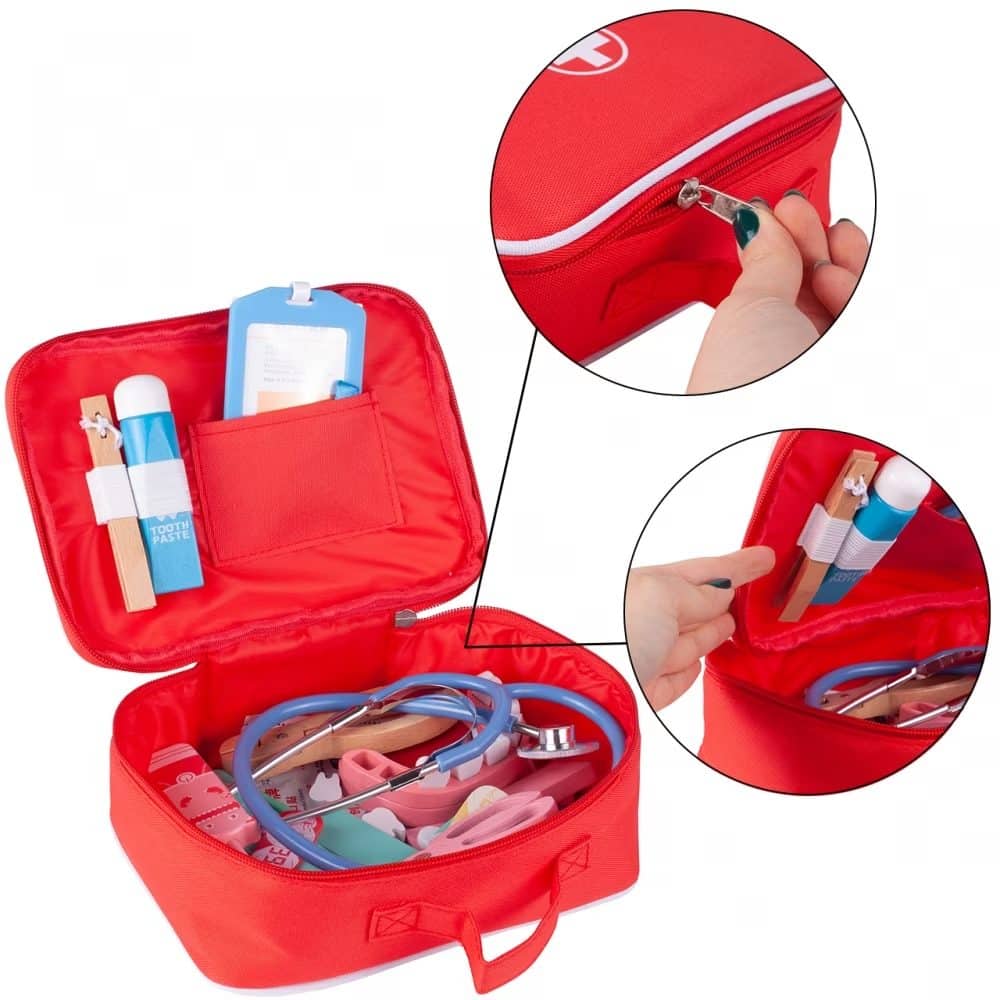Trusa Medicala din Lemn, Accesorii Dentare, Termometru, Stetoscop, Seringa, Mulaj Dentar, Set Creativ si Interactiv, Geanta Depozitare, Rosu, + 3 Ani