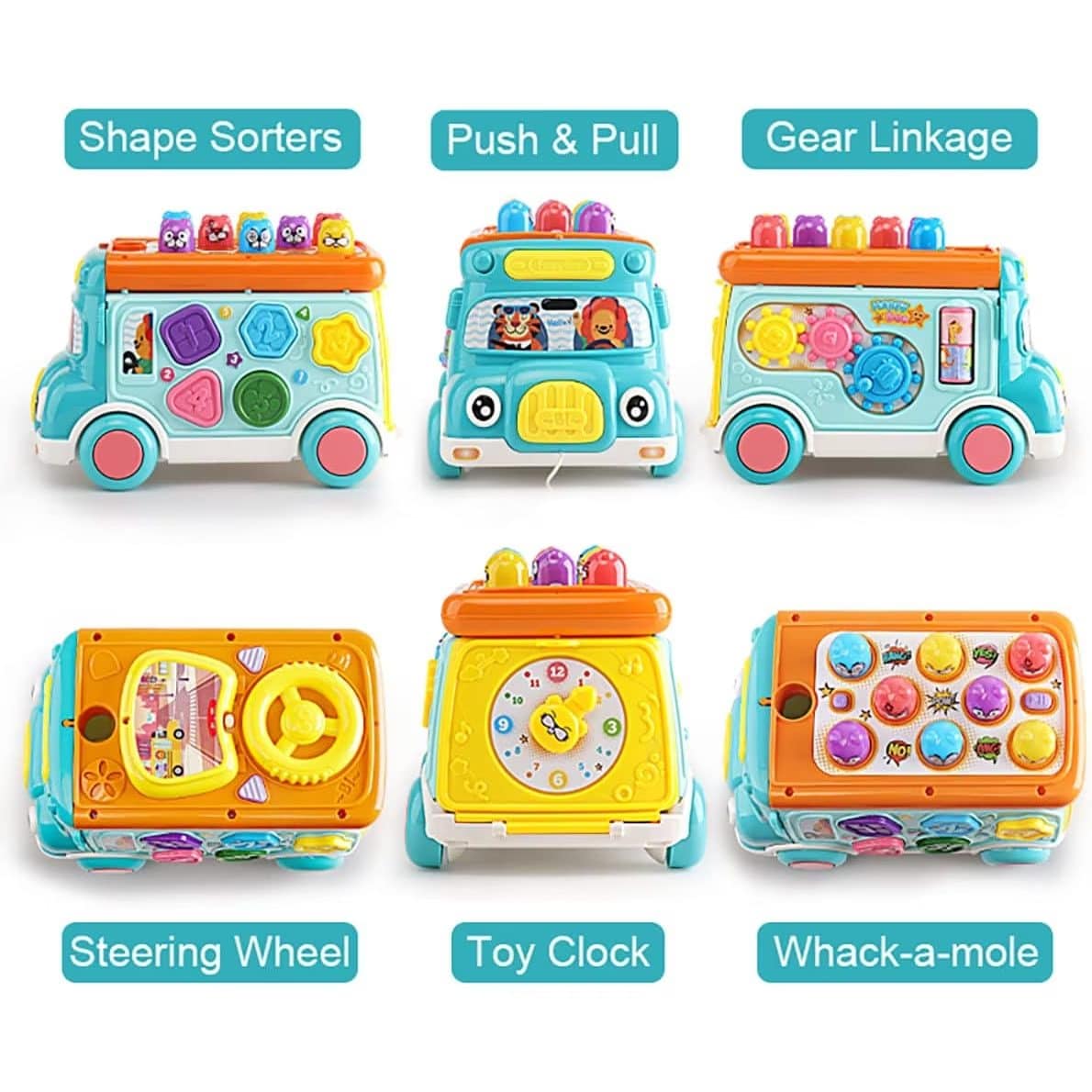 Autobuz Multifunctional cu Activitati, 6 Functii Educative, Sunete si Lumini, 23x15x15 Cm, Albastru Portocaliu, + 3 Ani