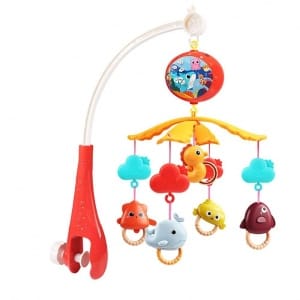 Carusel Muzical cu Telecomanda si Proiector, 200 Melodii, Volum Reglabil, Temporizator de Oprire, Functie Rotire, 54 x 9.5 Cm, Animale Marine, Rosu,+ 0 Luni