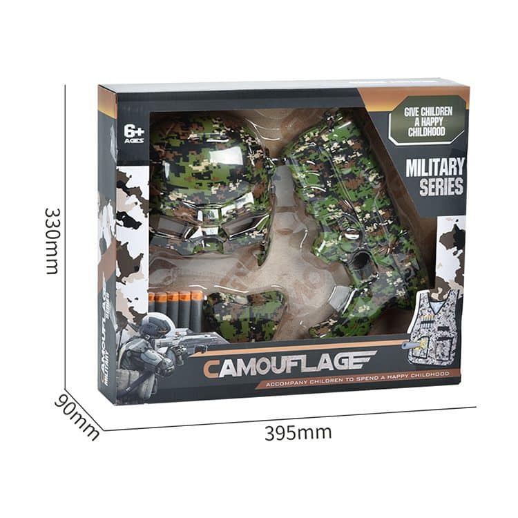 Set Pistol cu 6 Gloante de Spuma, Masca de Protectie, Vesta cu Tinta, Model Camuflaj, + 6 Ani