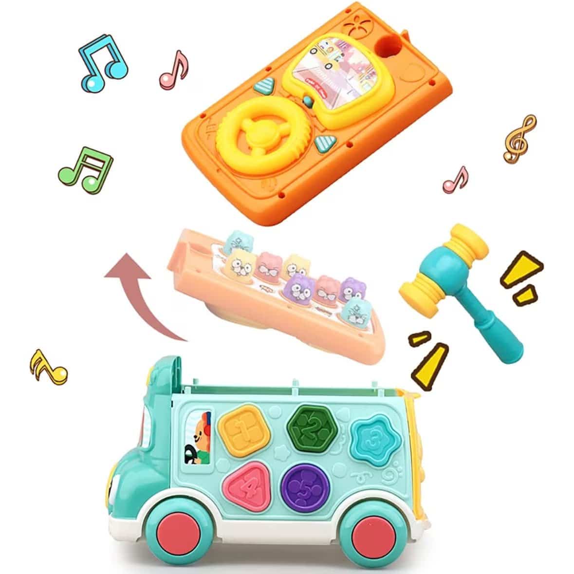 Autobuz Multifunctional cu Activitati, 6 Functii Educative, Sunete si Lumini, 23x15x15 Cm, Albastru Portocaliu, + 3 Ani