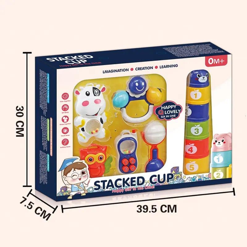 Set Interactiv Bebelusi 11 Piese, Turnulet de Sortare si Stivuire, Jucarii Zornaitoare si Dentitie, Cutie Cadou, + 0 Luni