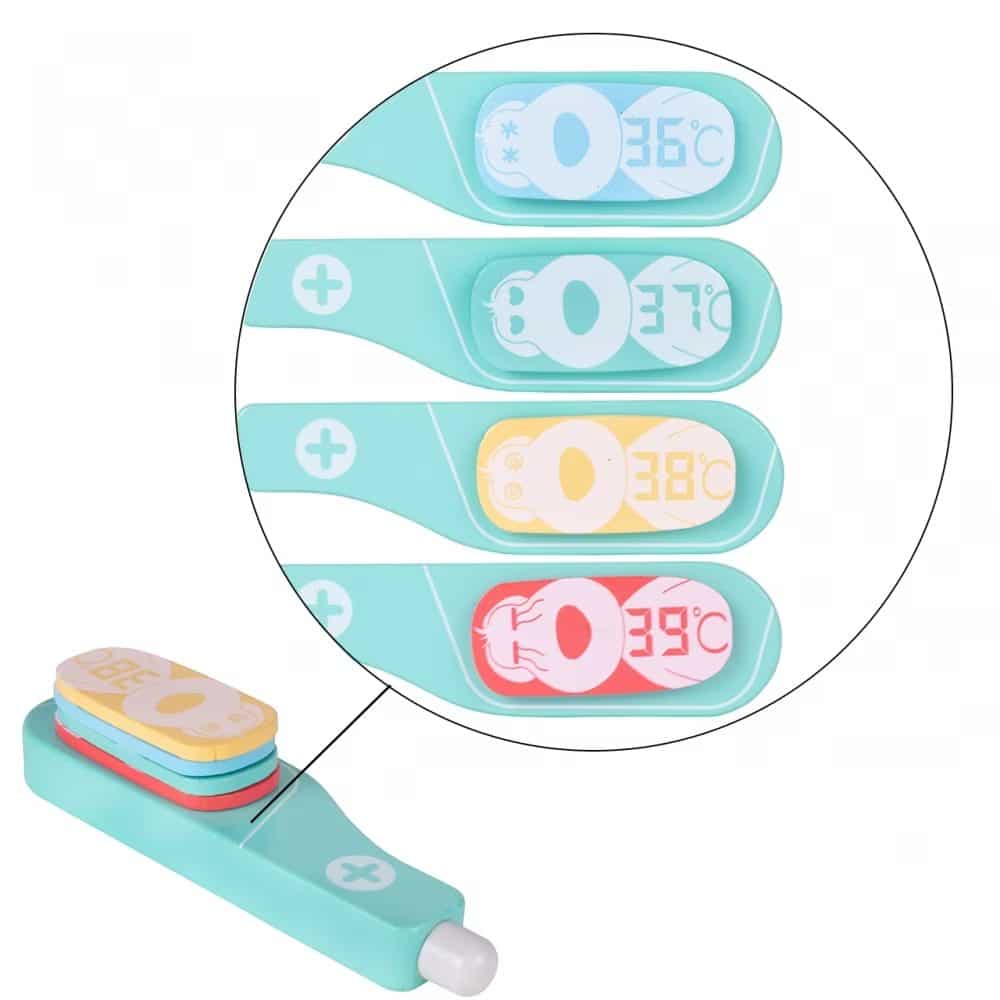 Trusa Medicala din Lemn, Accesorii Dentare, Termometru, Stetoscop, Seringa, Mulaj Dentar, Set Creativ si Interactiv, Geanta Depozitare, Rosu, + 3 Ani