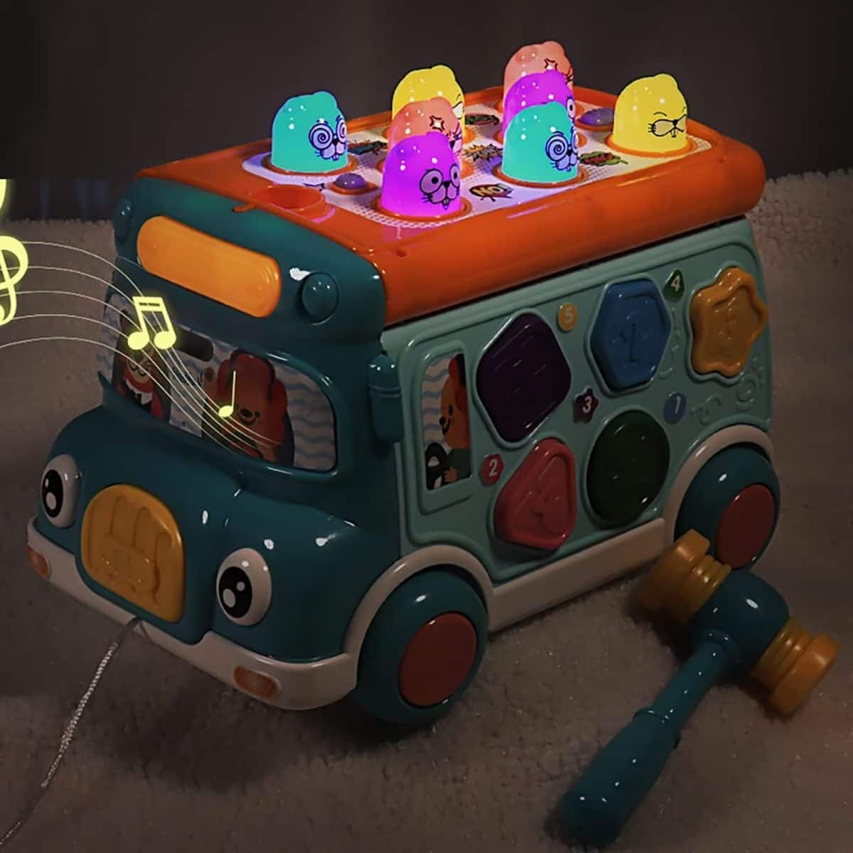 Autobuz Multifunctional cu Activitati, 6 Functii Educative, Sunete si Lumini, 23x15x15 Cm, Albastru Portocaliu, + 3 Ani