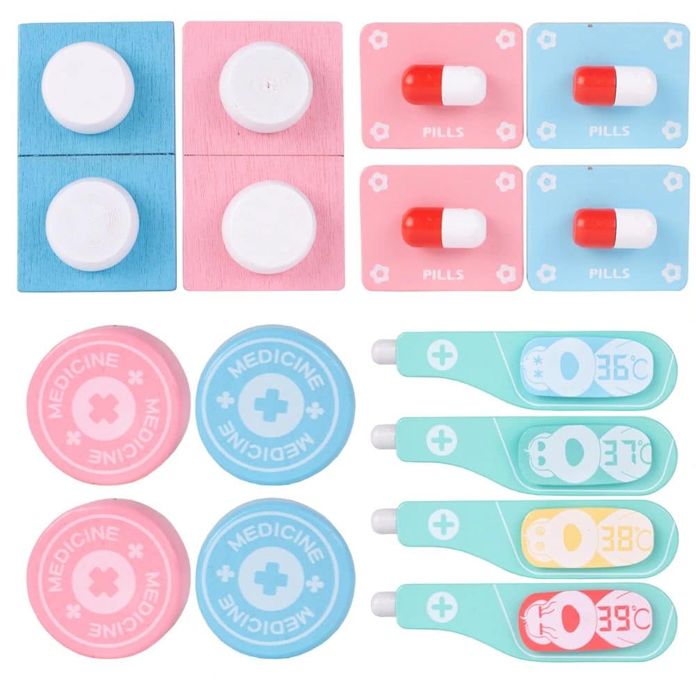 Trusa Medicala din Lemn, Accesorii Dentare, Termometru, Stetoscop, Seringa, Mulaj Dentar, Set Creativ si Interactiv, Geanta Depozitare, Rosu, + 3 Ani