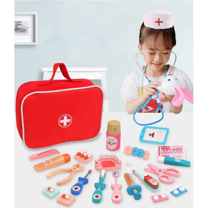 Trusa Medicala din Lemn, Accesorii Dentare, Termometru, Stetoscop, Seringa, Mulaj Dentar, Set Creativ si Interactiv, Geanta Depozitare, Rosu, + 3 Ani