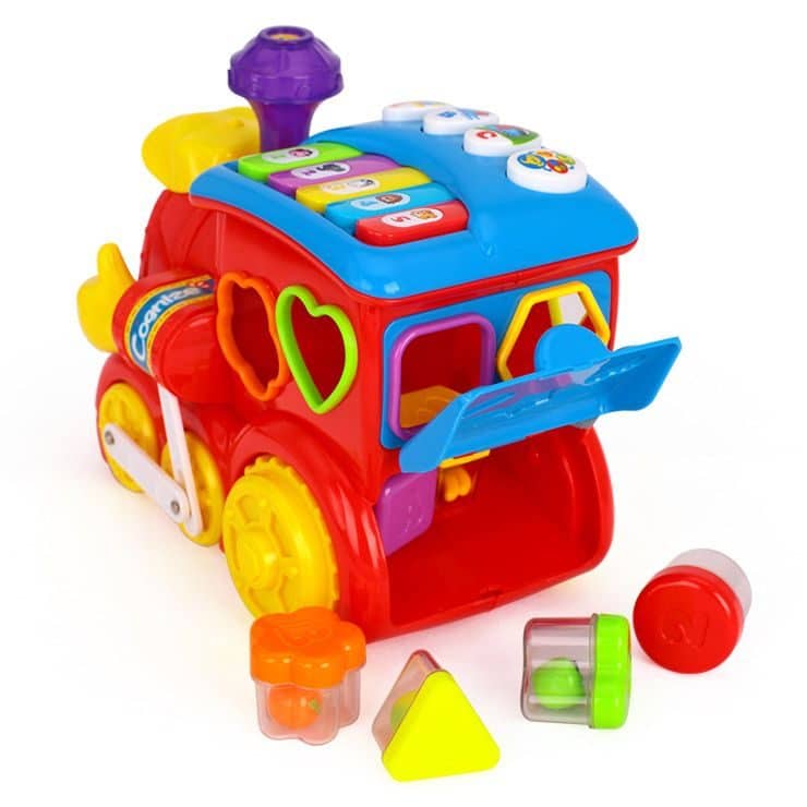 Trenulet de Jucarie Educativ cu Sunete si Lumini, Senzor de Impact, Functie Potrivire Forme, Rosu, 22x16x12 Cm, +18 Luni