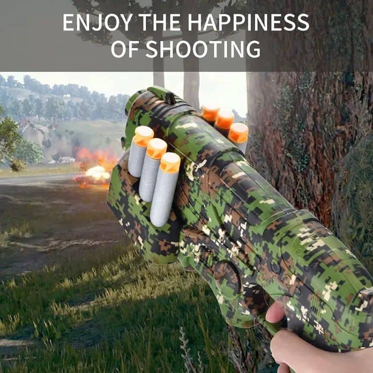 Set Pistol cu 6 Gloante de Spuma, Masca de Protectie, Vesta cu Tinta, Model Camuflaj, + 6 Ani