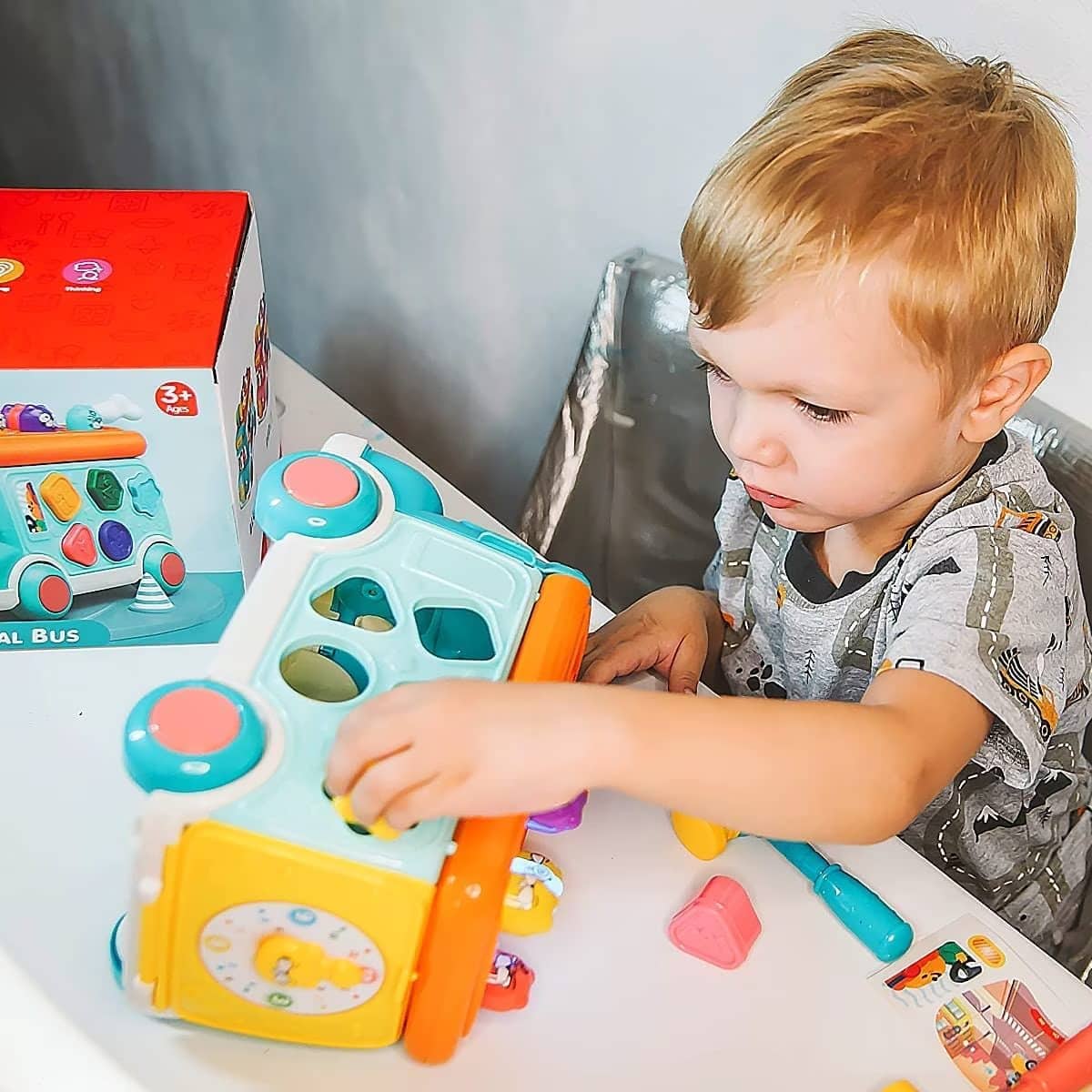 Autobuz Multifunctional cu Activitati, 6 Functii Educative, Sunete si Lumini, 23x15x15 Cm, Albastru Portocaliu, + 3 Ani