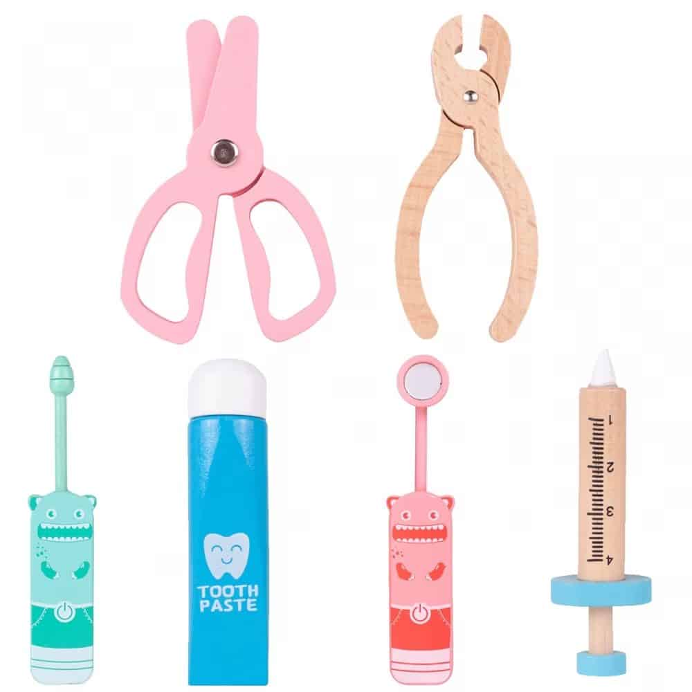 Trusa Medicala din Lemn, Accesorii Dentare, Termometru, Stetoscop, Seringa, Mulaj Dentar, Set Creativ si Interactiv, Geanta Depozitare, Rosu, + 3 Ani